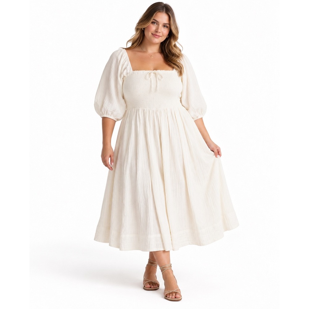 Quince Gauze Midi Dress XL White Smocked Puff Sleeve Cottagecore Organic Cotton